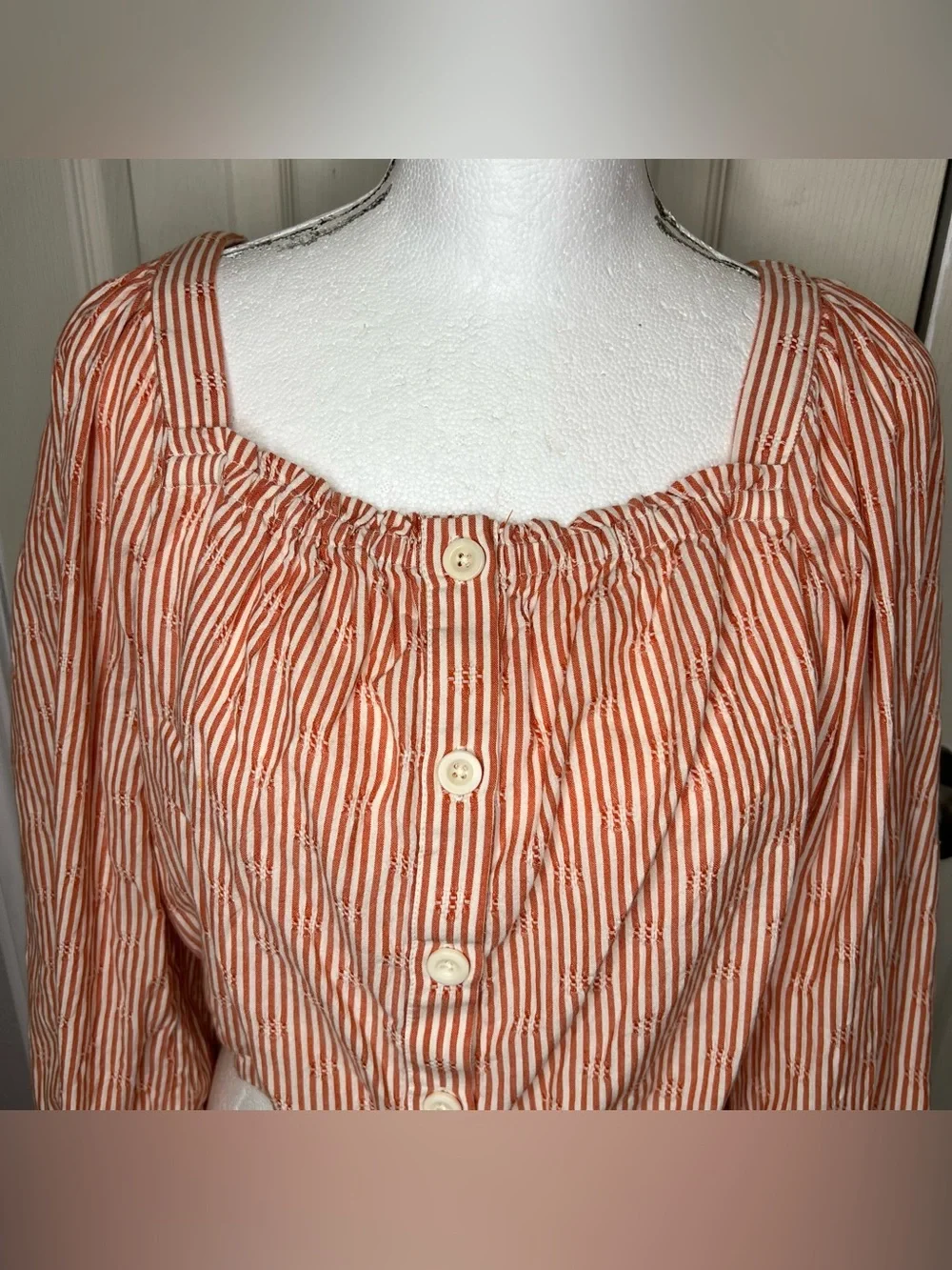 Madewell Orange/White Puff Long Sleeve Front Button Crop Women’s Top Sz M Ranch